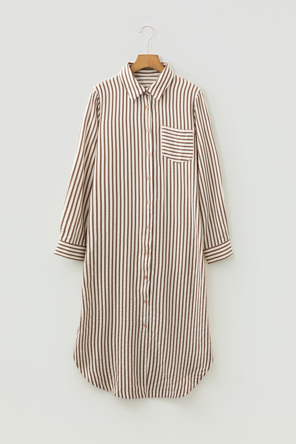 Brown Stripe Textured 3/4 Sleeve Round Hem Split Midi Shirt Dress PREORDER ETA 3 WEEKS