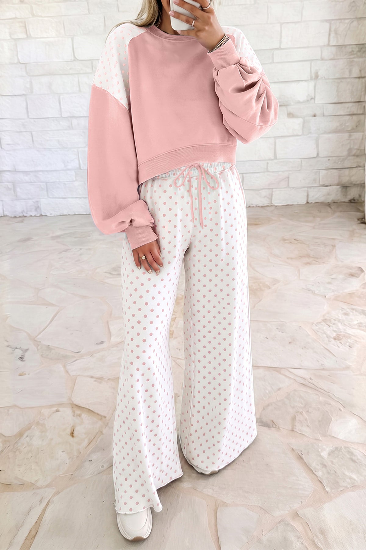 Green Polka Dot Patchwork Colorblock Long Sleeve Casual Two Piece Pants Set PREORDER ETA 3 WEEKS
