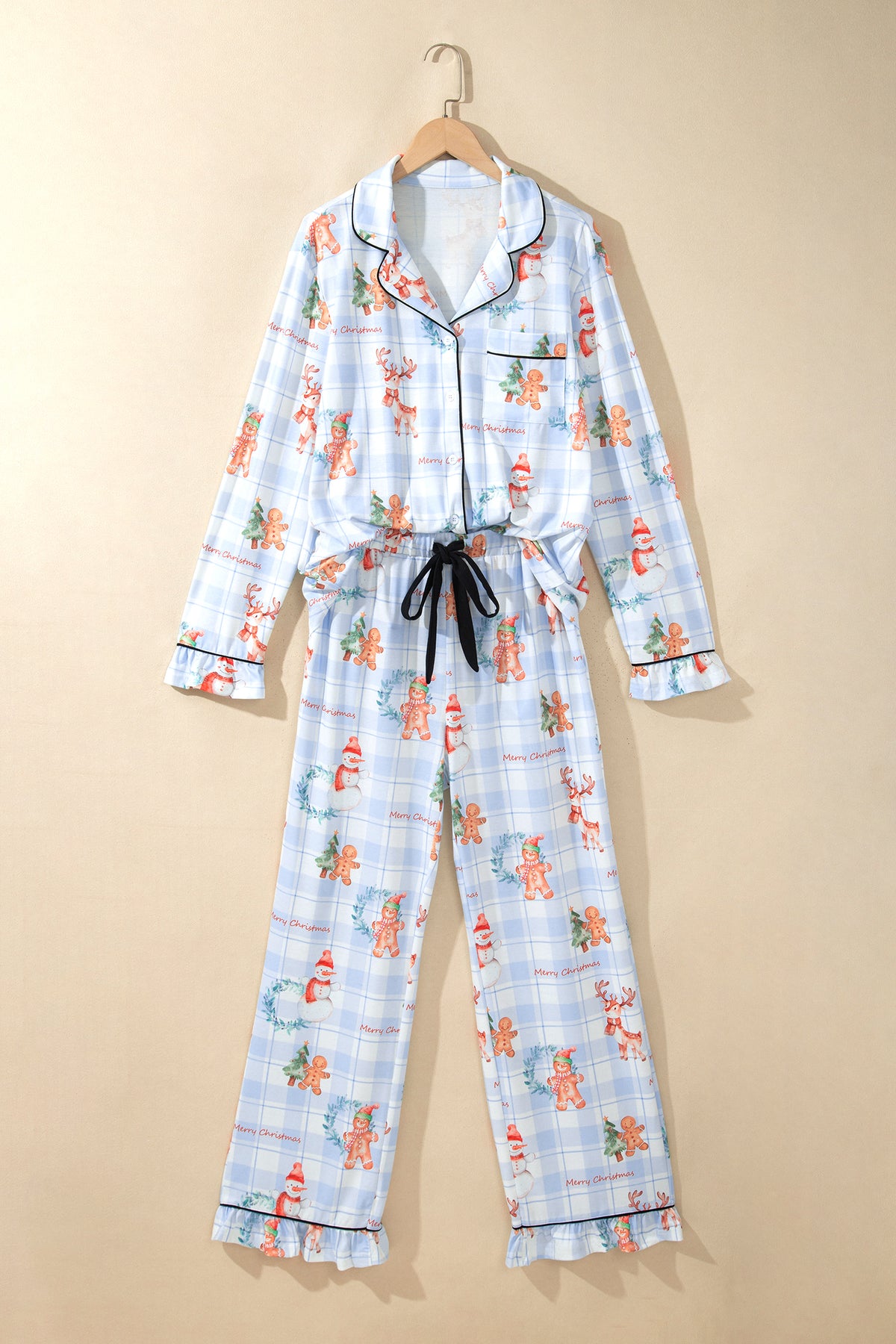 Sky Blue Plaid Cartoon Christmas Pattern Shirt Top 2pcs Pajama Set PREORDER ETA 3 WEEKS
