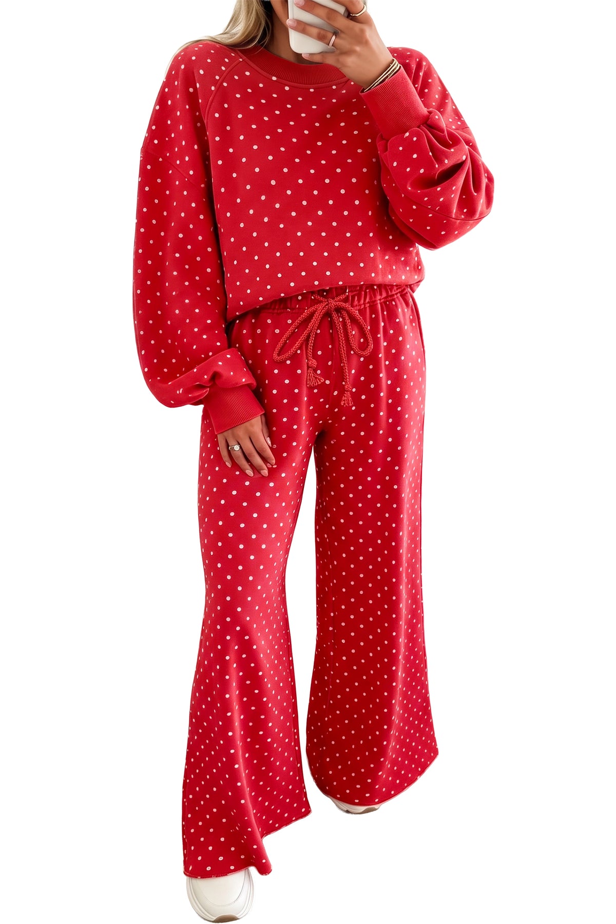 Polka Dot Drawstring Wide Leg Long Sleeve Top Pant Set PREORDER ETA 3 WEEKS