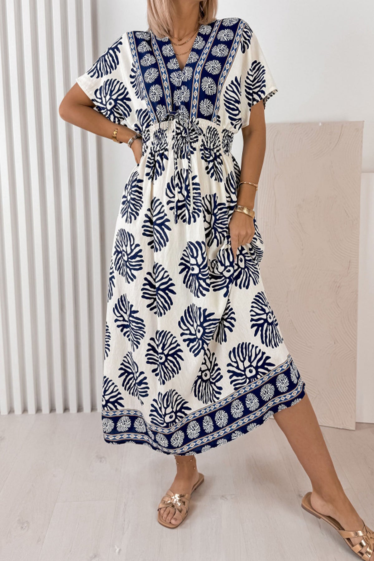 Blue Boho Floral Print Contrast Patchwork V Neck Dolman Maxi Dress PREORDER ETA 3 WEEKS