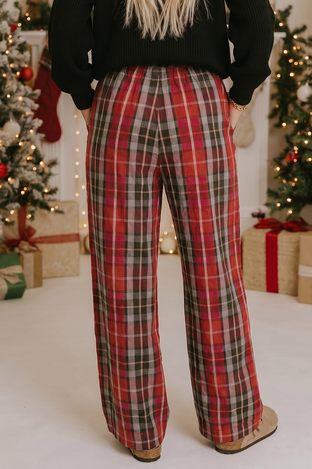 Red Plaid Elastic Waist Pocket Regular Full-Length Pants PREORDER ETA 3 WEEKS