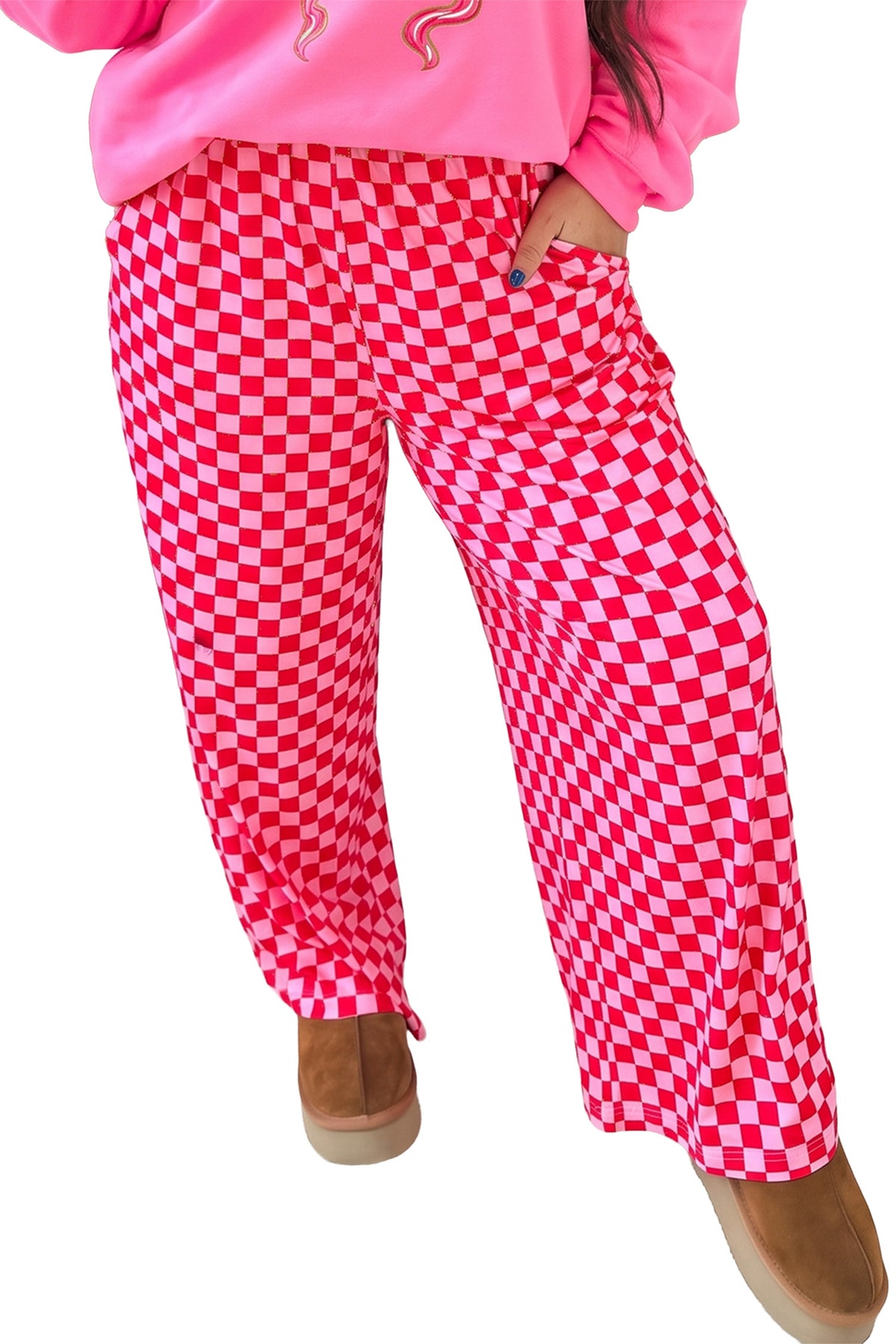 Pink Plus Size Checkered Pattern Loose Casual Pants PREORDER ETA 3 WEEKS