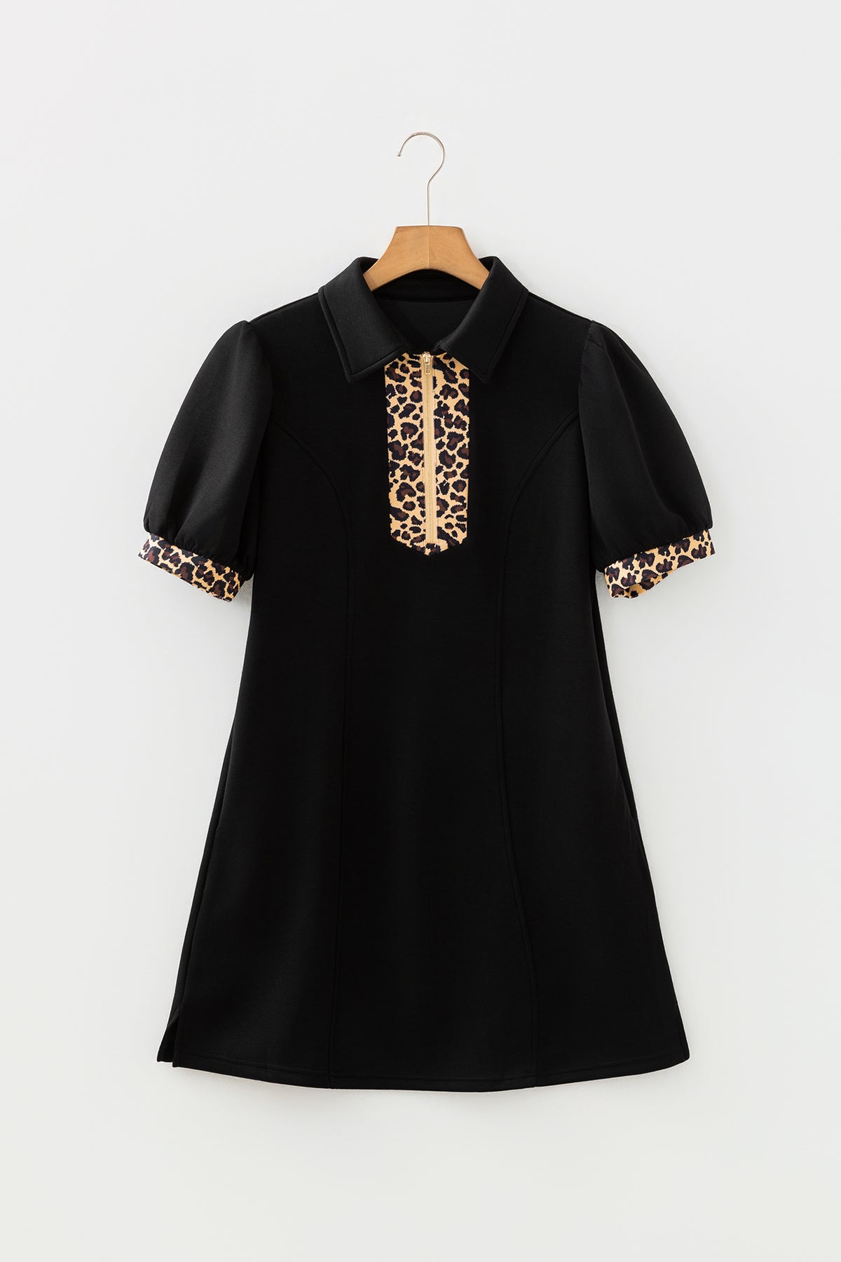 Black Leopard Patchwork Zip Collared Short Puff Sleeve Shift Mini Dress PREORDER ETA 3 WEEKS