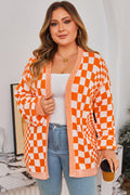 Orange Plus Size Checkered Bubble Sleeve Drop Shoulder Open Cardigan PREORDER ETA 3 WEEKS