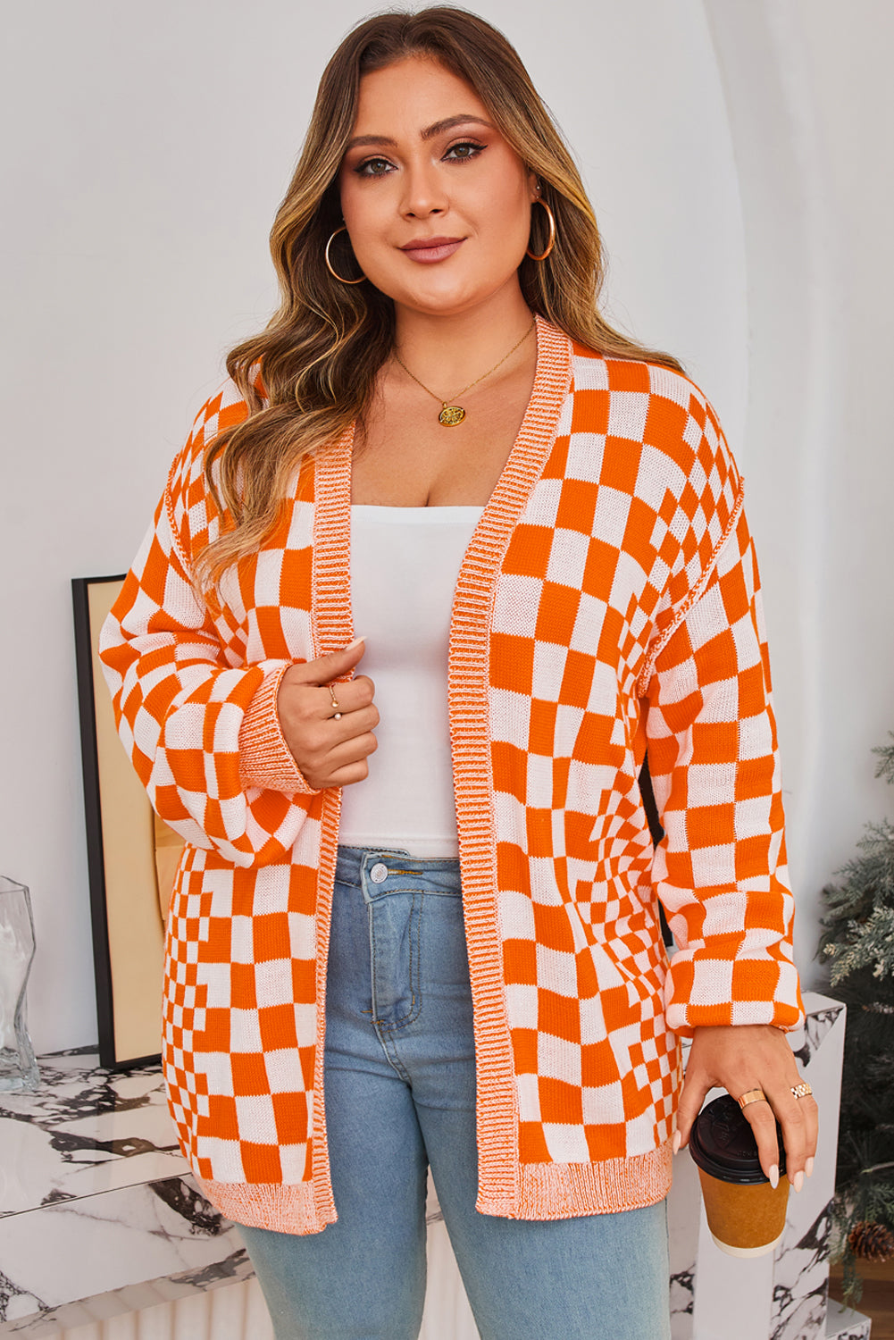 Orange Plus Size Checkered Bubble Sleeve Drop Shoulder Open Cardigan PREORDER ETA 3 WEEKS