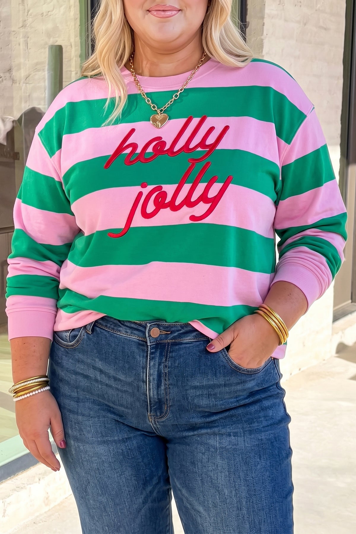Green Stripe Festive Holly Jolly Printed Casual Plus Size Sweatshirt PREORDER ETA 3 WEEKS