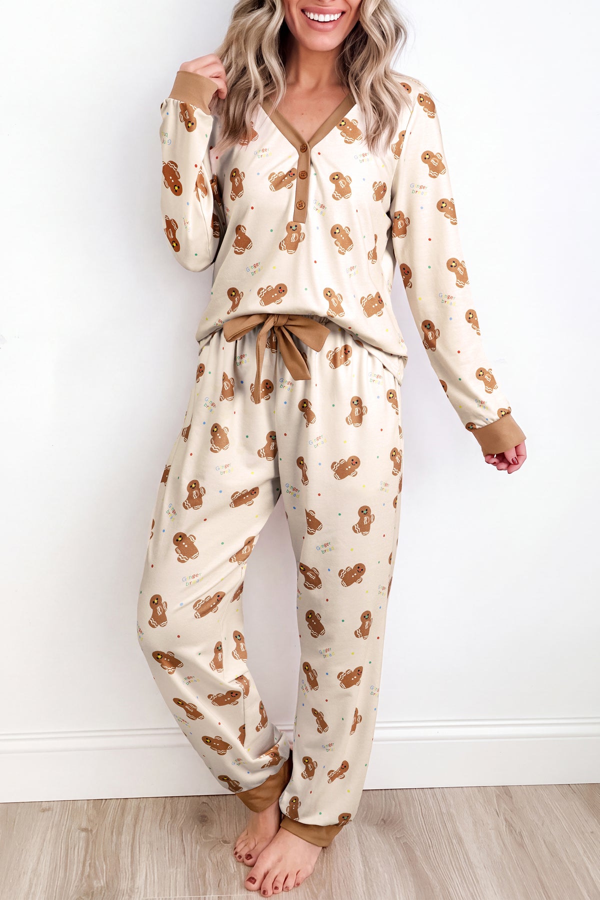 Khaki Abstract Gingerbread Print Colorblock Long Sleeve Two Piece Lounge Set PREORDER ETA 3 WEEKS