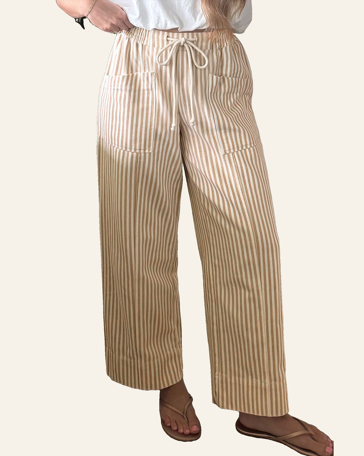 Apricot Stripe Ribbon Drawstring Waist Full-Length Shift Pant