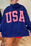 Navy Blue USA Gingham Slogan Exposed Seam Mock Neck Baggy Pullover Sweatshirt PREORDER ETA 3 WEEKS