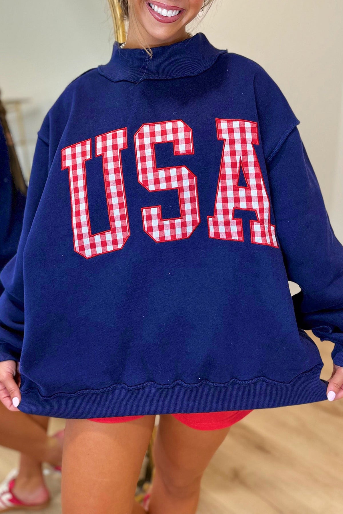 Navy Blue USA Gingham Slogan Exposed Seam Mock Neck Baggy Pullover Sweatshirt PREORDER ETA 3 WEEKS