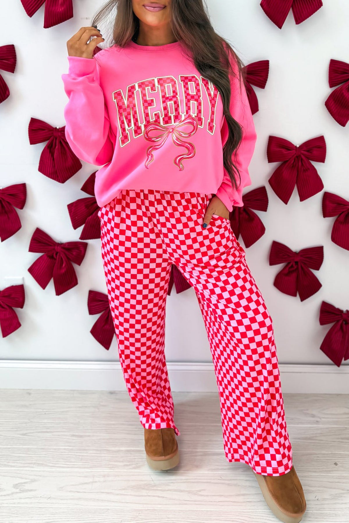 Pink Christmas Slogan Graphic Plaid Contrast Two-piece Pant Set PREORDER ETA 3 WEEKS