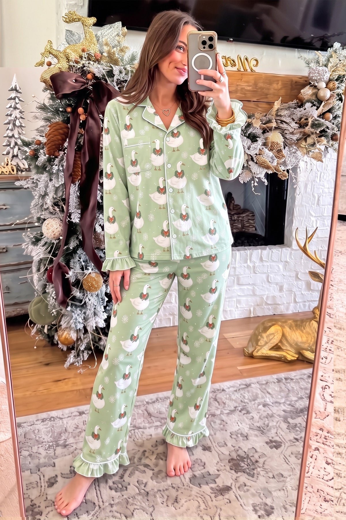 Green Snowflake Goose Print Ruffle Trim Long Sleeve Shirt Style Pajama Pants Set PREORDER ETA 3 WEEKS