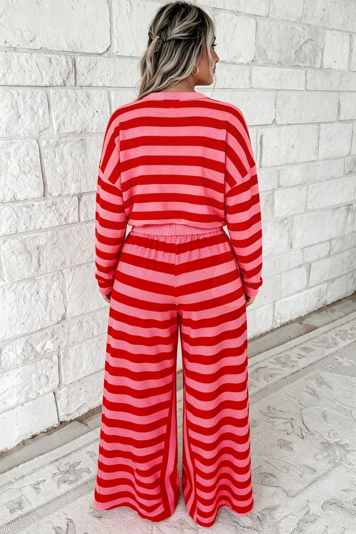 Red Stripe Two-Piece Drop Shoulder Pullover Loose Pants Set PREORDER ETA 3 WEEKS