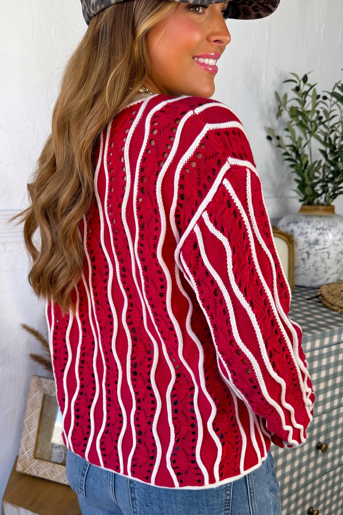 Racing Red Wavy Detail Hollow Out Knit Long Sleeve Cotton Pullover Sweater PREORDER ETA 3 WEEKS