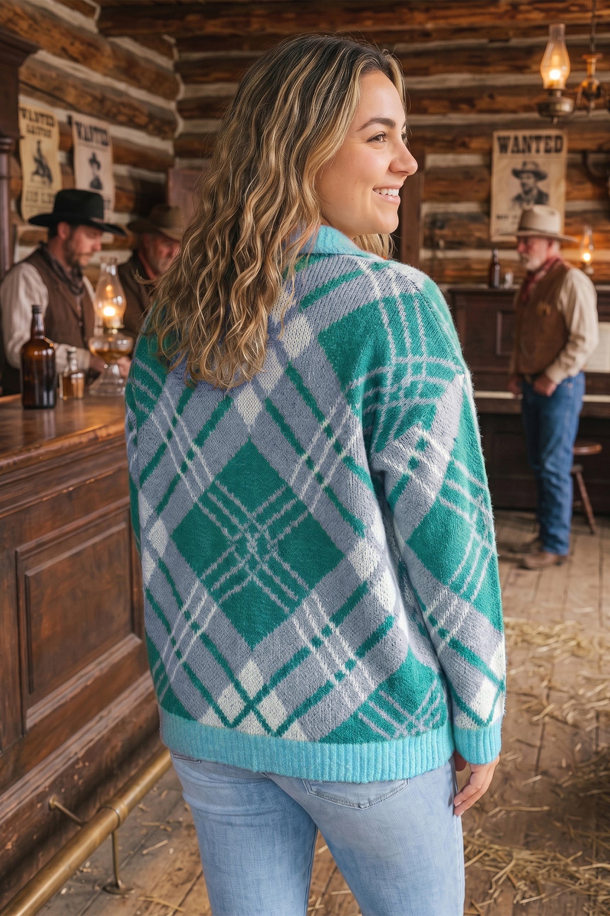 Green Plaid V Neck Long Sleeve Shift Cardigan Sweater PREORDER ETA 3 WEEKS
