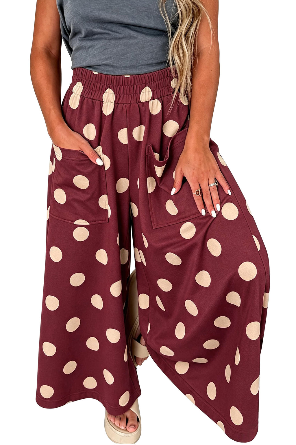 Burgundy Polka Dot Wide Leg Elastic Waist Casual Pants PREORDER ETA 3 WEEKS