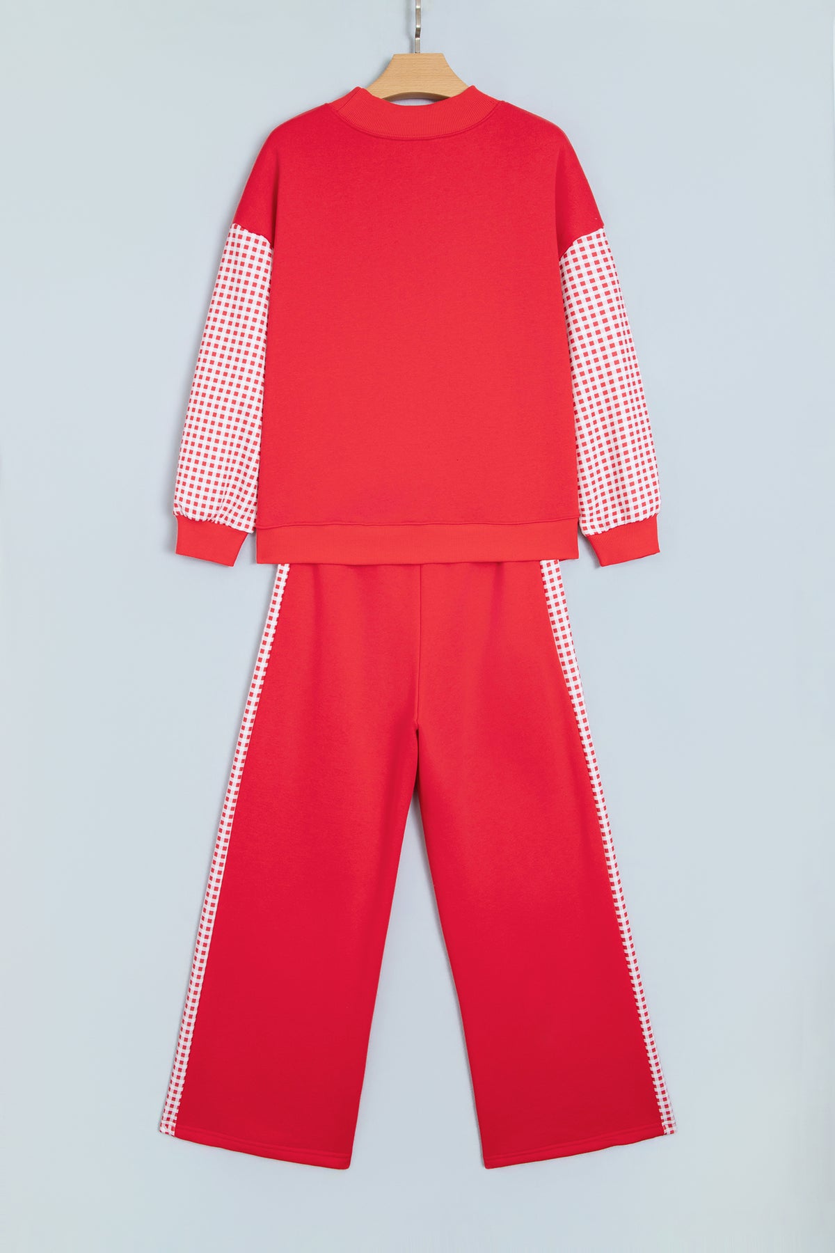 Fiery Red Plaid Contrast Long Sleeve Top And Wide Leg Pants Set PREORDER ETA 3 WEEKS