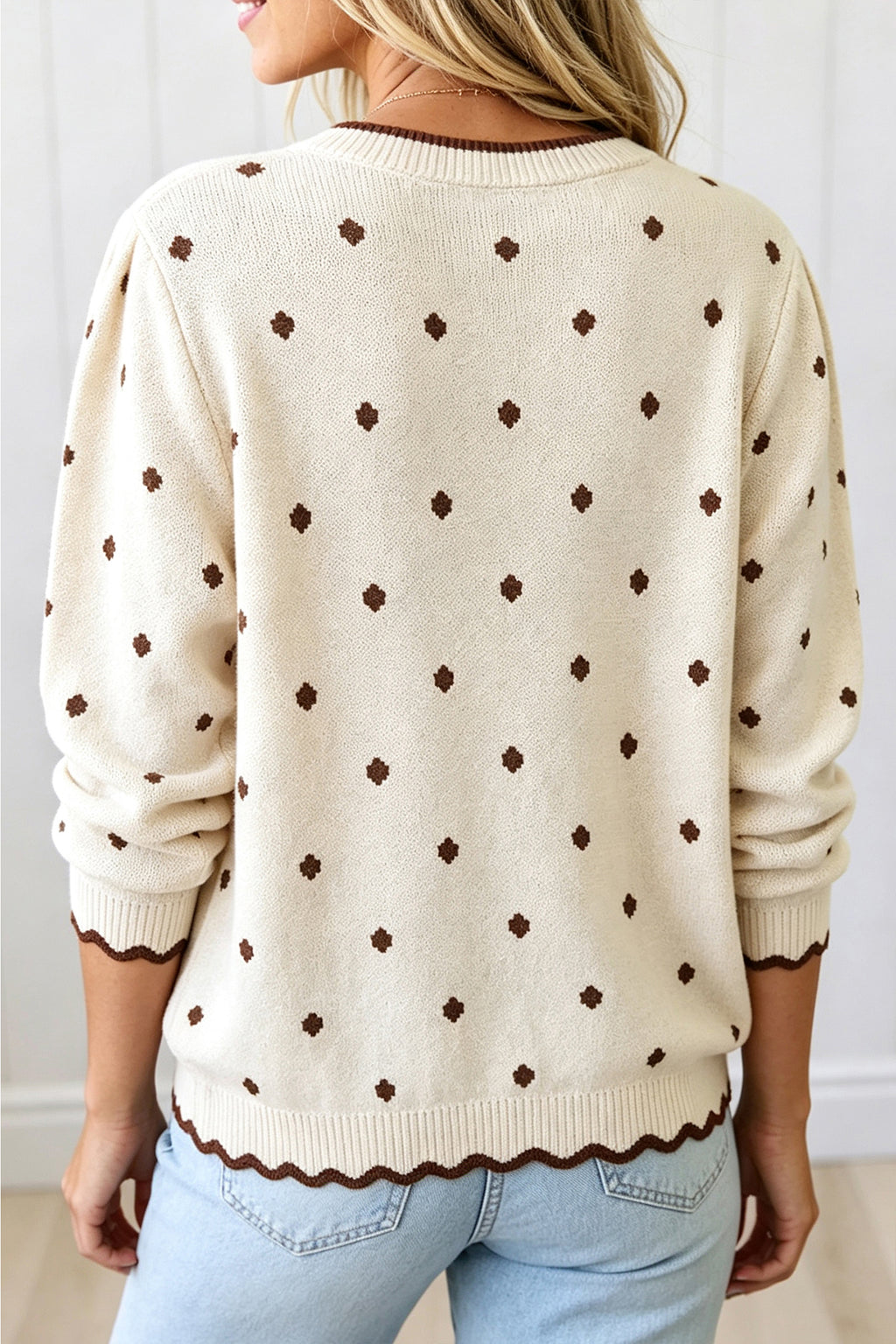 Coffee Round Neck Polka Dot Long Sleeve Casual Shift Sweater PREORDER ETA 3 WEEKS