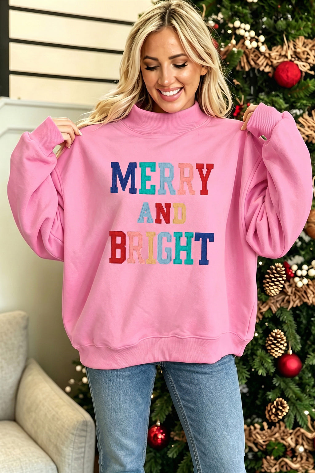 Peach Blossom MERRY AND BRIGHT Stitched Letter Pattern Mock Neck Sweatshirt PREORDER ETA 3 WEEKS