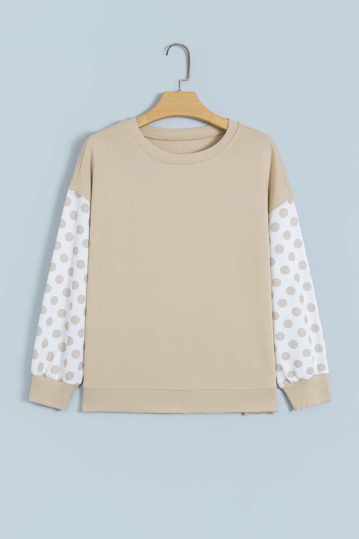 Khaki Polka Dot Patchwork Sleeve Crew Neck Loose Pullover Sweatshirt PREORDER ETA 3 WEEKS