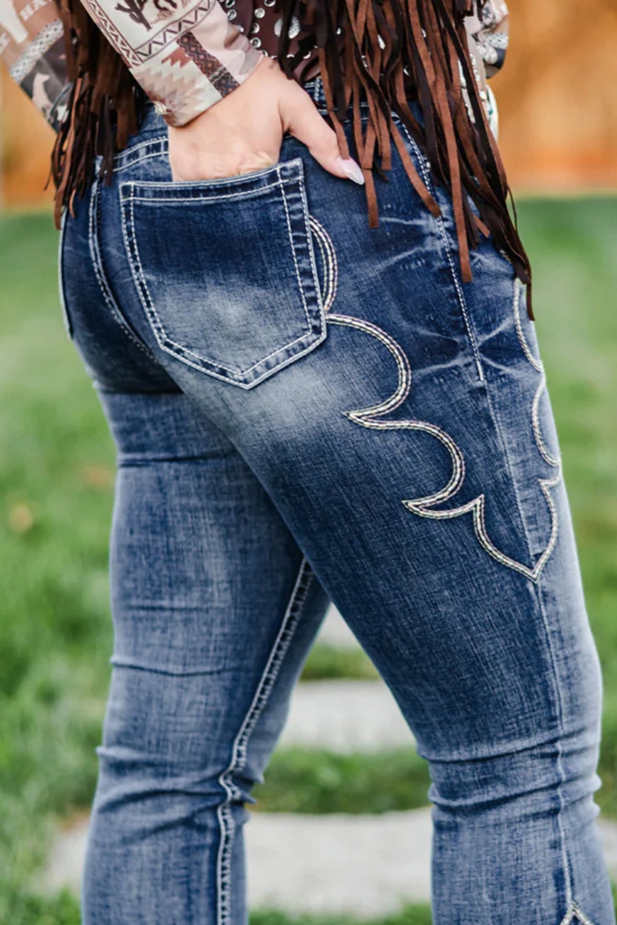 Blue Western Embroidered Flare Full Length Jeans PREORDER ETA 3 WEEKS