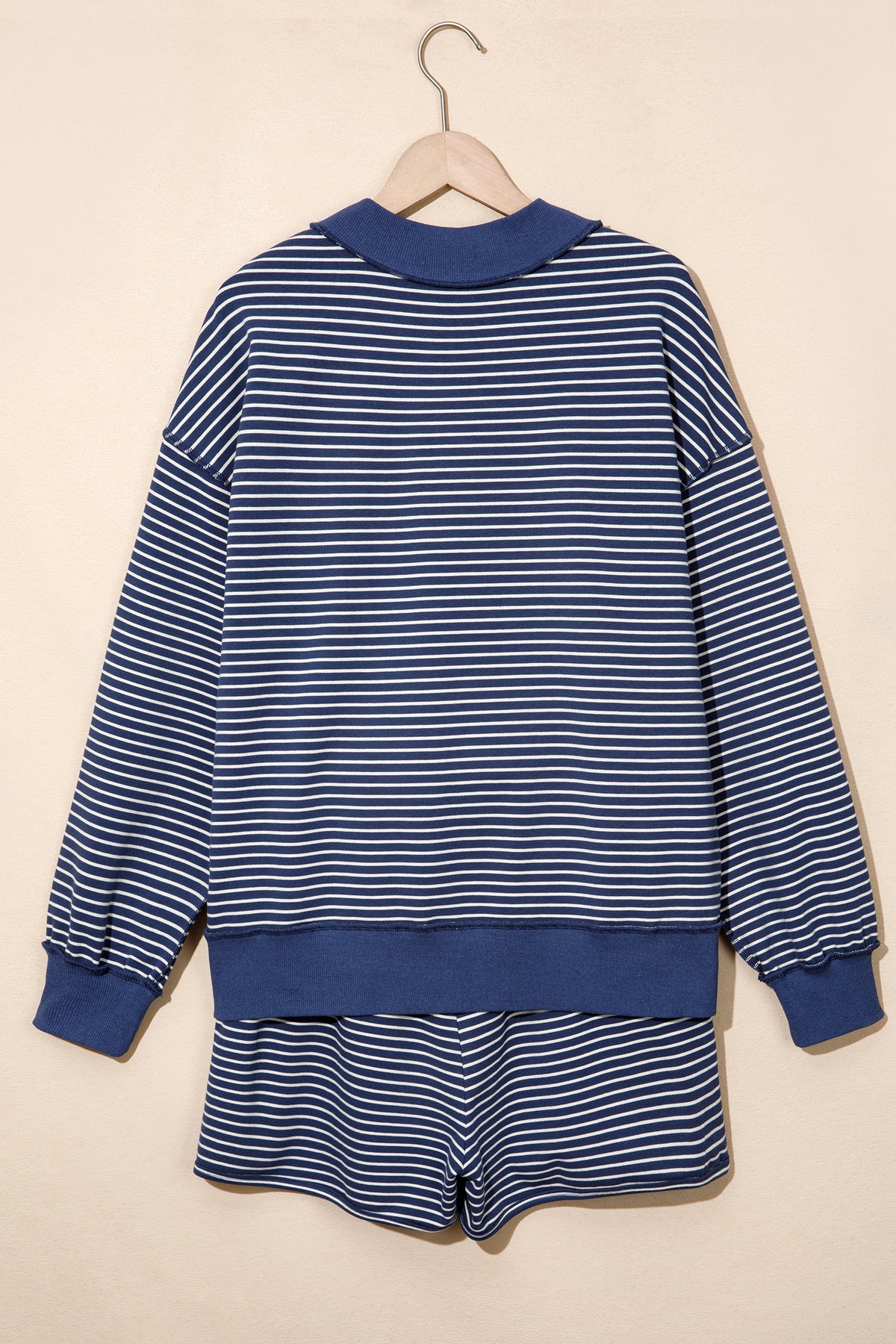 Blue Stripe Ribbed Patchwork Mock Neck Pullover Matching Shorts Set PREORDER ETA 3 WEEKS