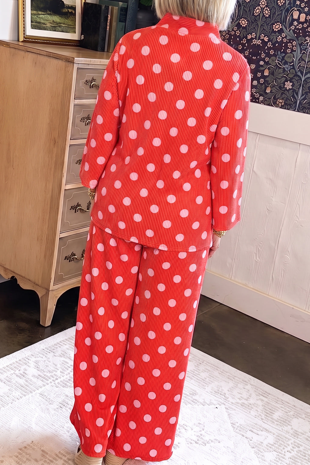 Red Polka Dot Ribbed Knit Mock Neck Pullover Two Piece Pants Set PREORDER ETA 3 WEEKS