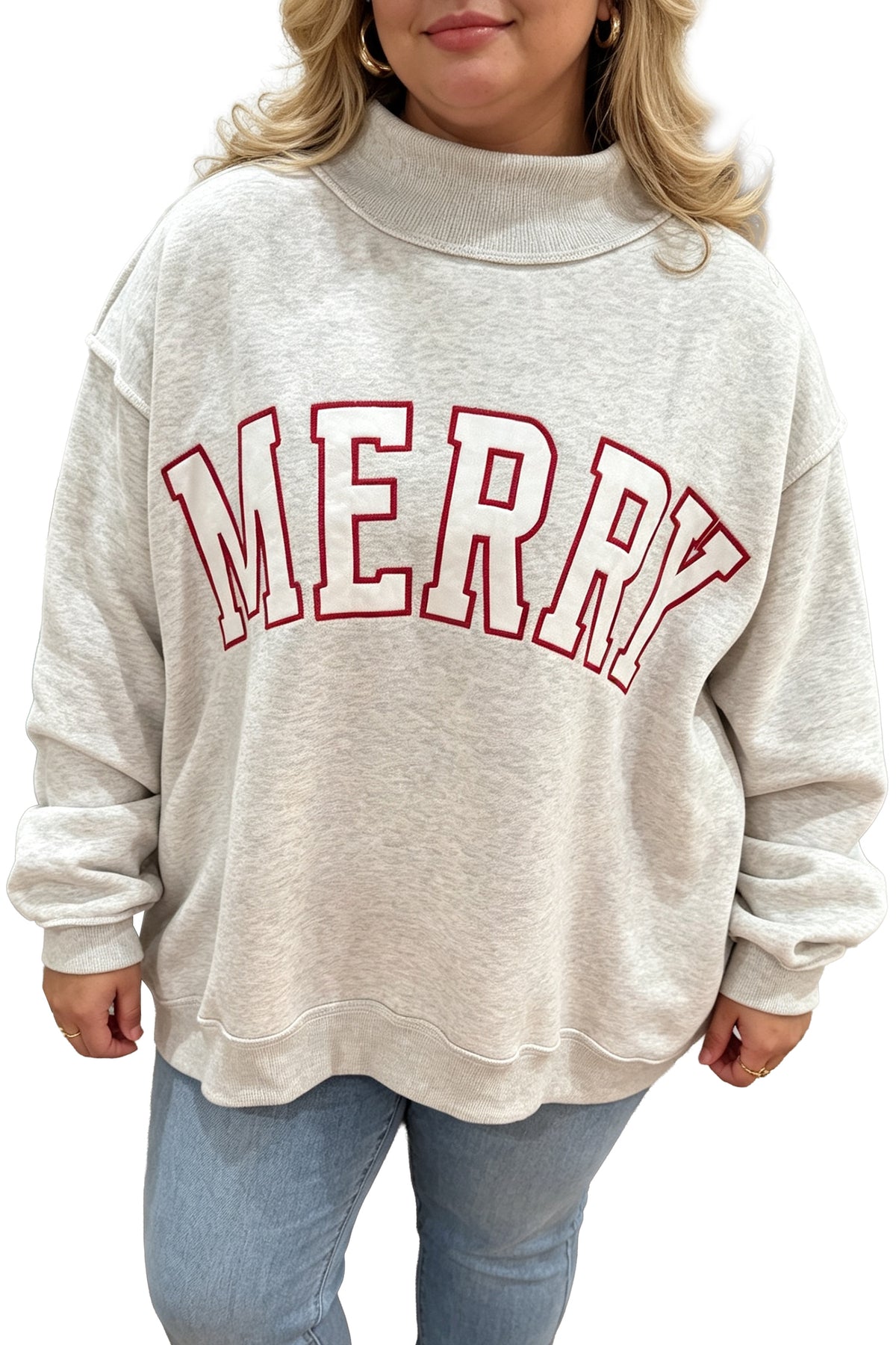 Gray Embroidered Merry Letter Print Mock Neck Plus Size Sweatshirt PREORDER ETA 3 WEEKS