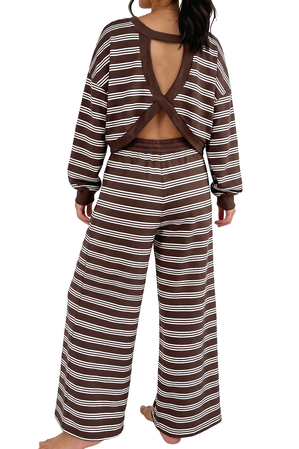 Brown Stripe Back Cutout Long Sleeve Top and Wide Leg Pants 2pcs Set PREORDER ETA 3 WEEKS