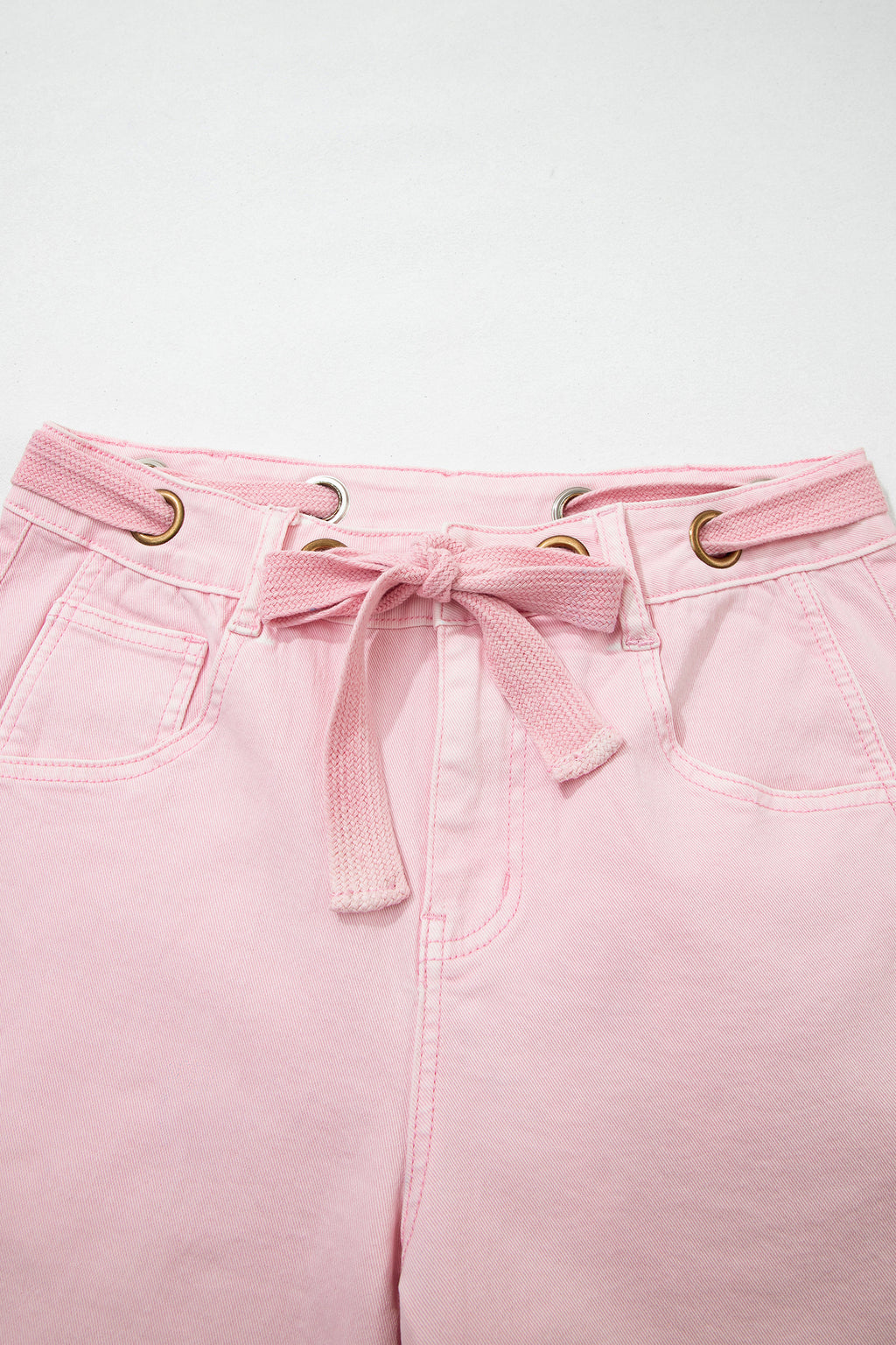 Light Pink Solid Color Grommet Detail Knot Waist Barrel Jeans PREORDER ETA 3 WEEKS