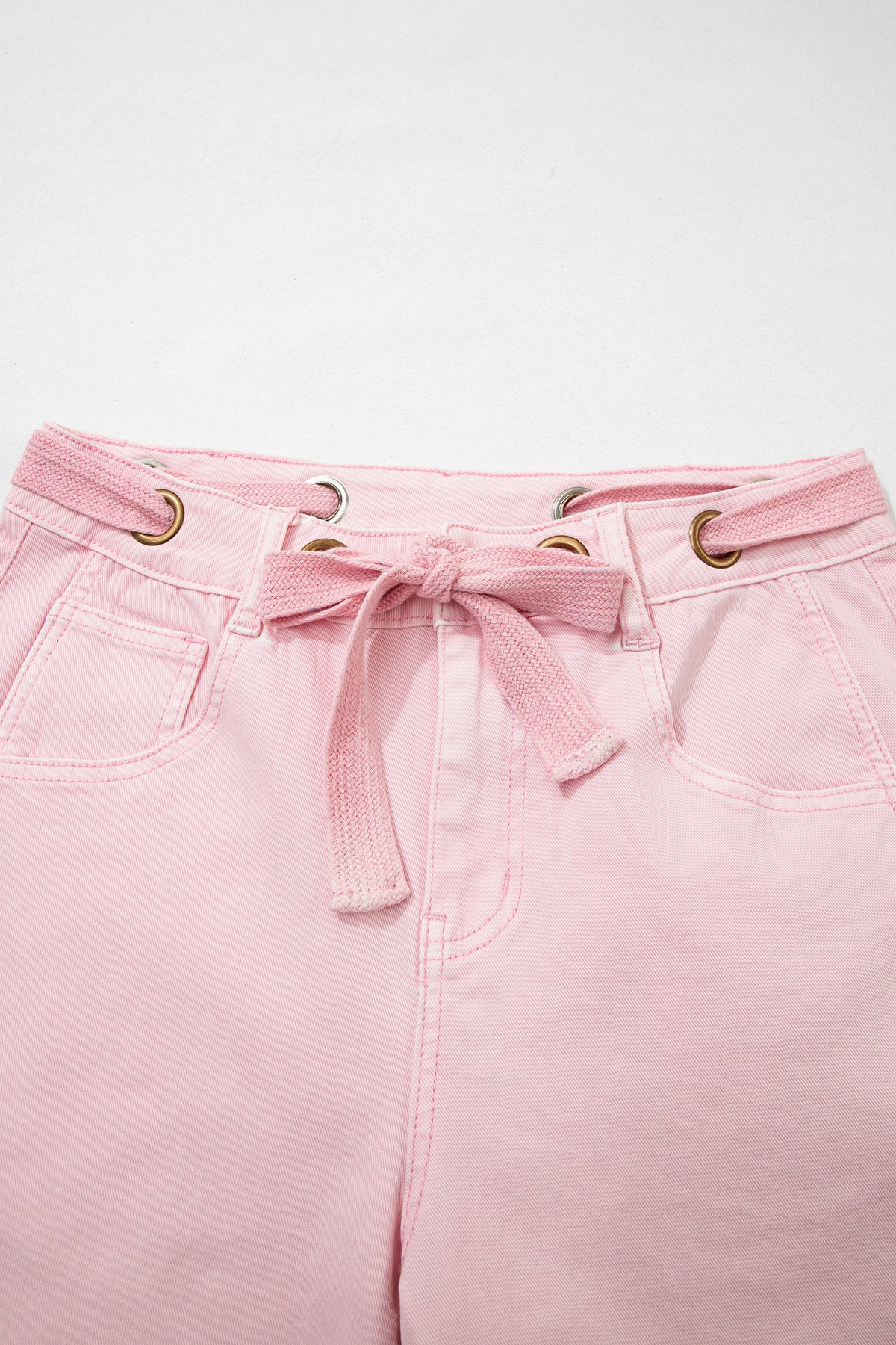 Light Pink Solid Color Grommet Detail Knot Waist Barrel Jeans PREORDER ETA 3 WEEKS