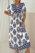Blue Boho Floral Print Contrast Patchwork V Neck Dolman Maxi Dress PREORDER ETA 3 WEEKS