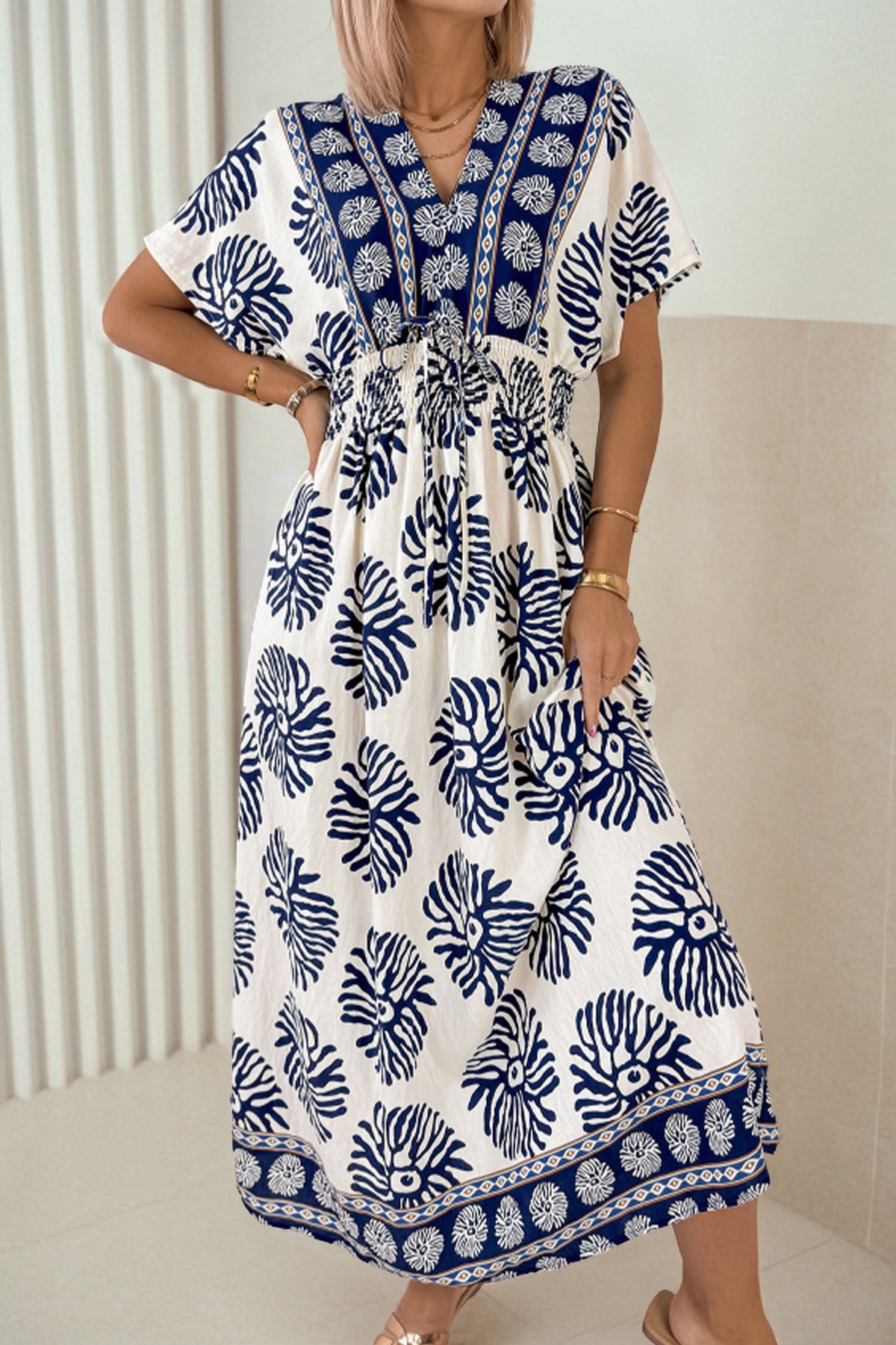 Blue Boho Floral Print Contrast Patchwork V Neck Dolman Maxi Dress PREORDER ETA 3 WEEKS