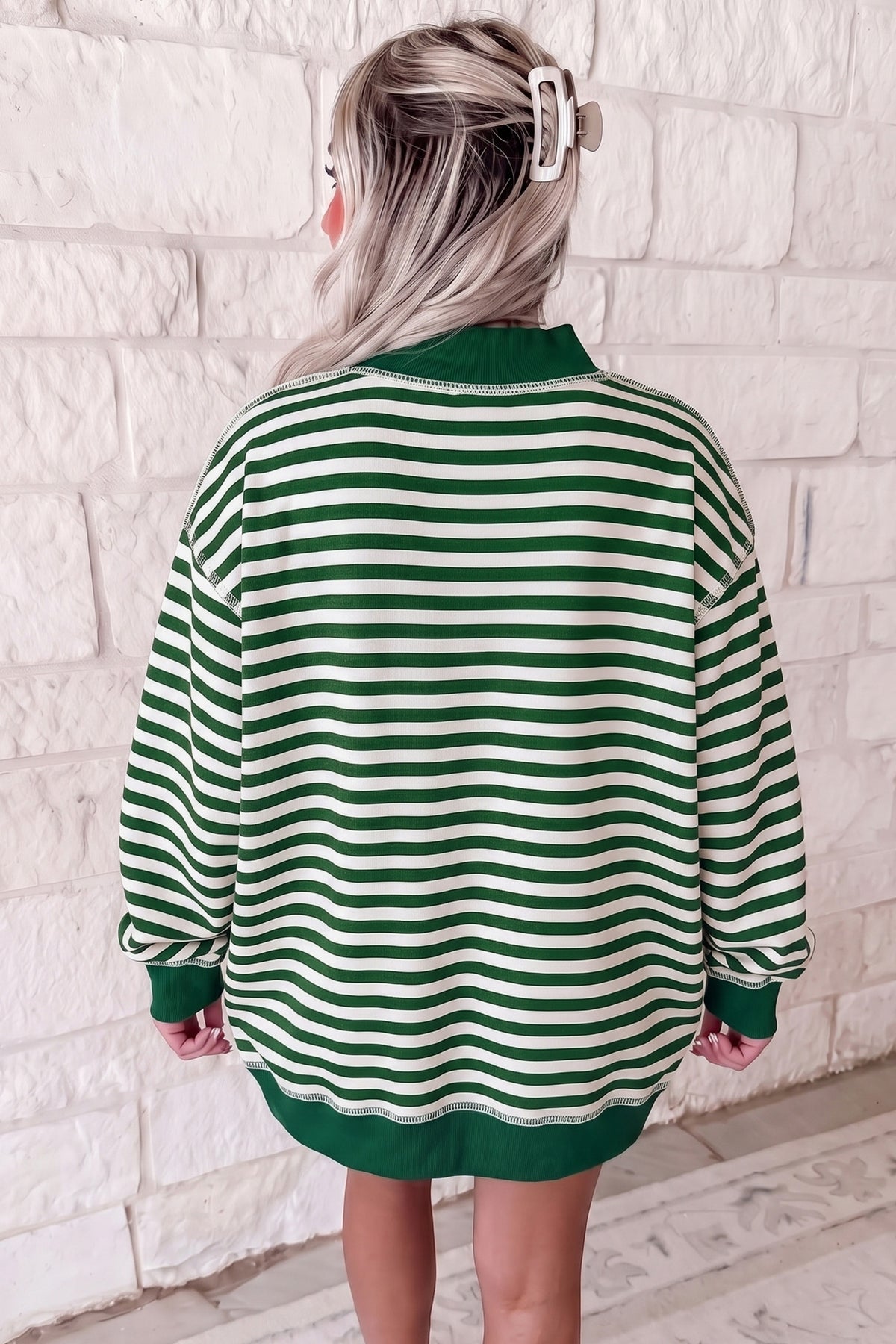 Green Stripe Christmas Slogan Embroidery Patched Mock Neck Oversized Sweatshirt PREORDER ETA 3 WEEKS