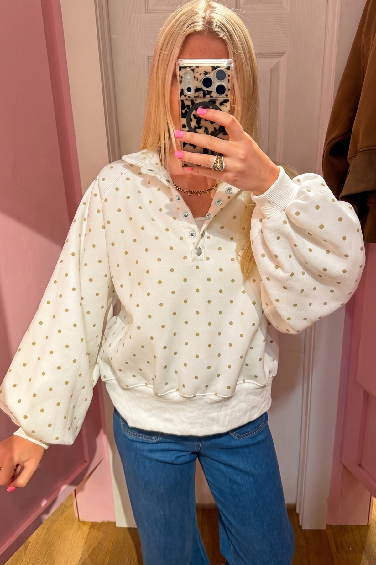 White Polka Dot Print Metal Button Collar Casual Pullover Sweatshirt PREORDER ETA 3 WEEKS