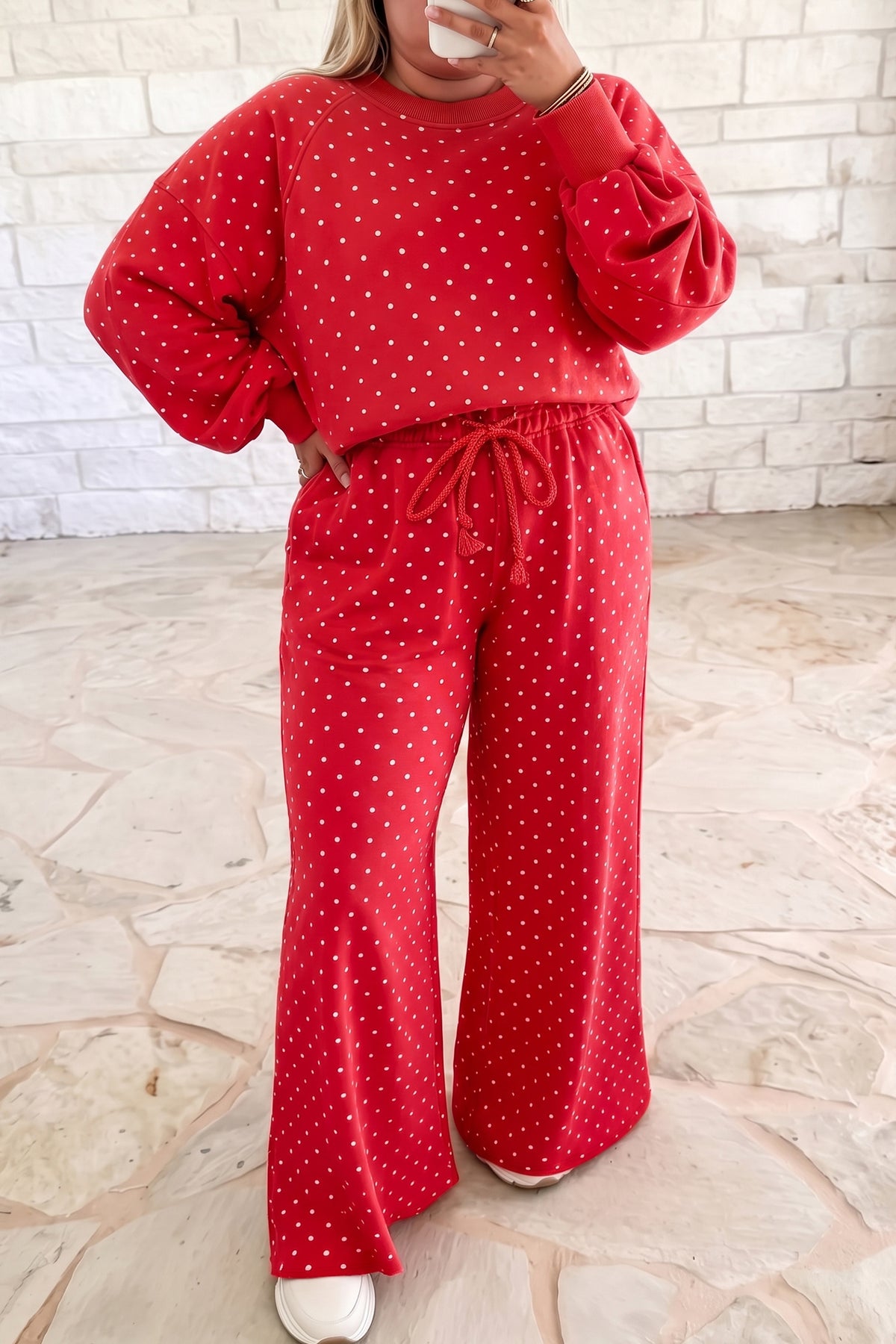 Red Polka Dot Round Neck Long Sleeve Plus Size Set PREORDER ETA 3 WEEKS