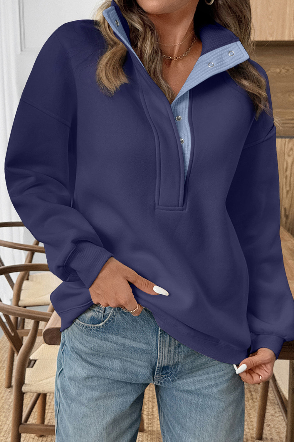 Dirty blue Drop Shoulder Metal Button Casual Pullover Sweatshirt PREORDER ETA 3 WEEKS