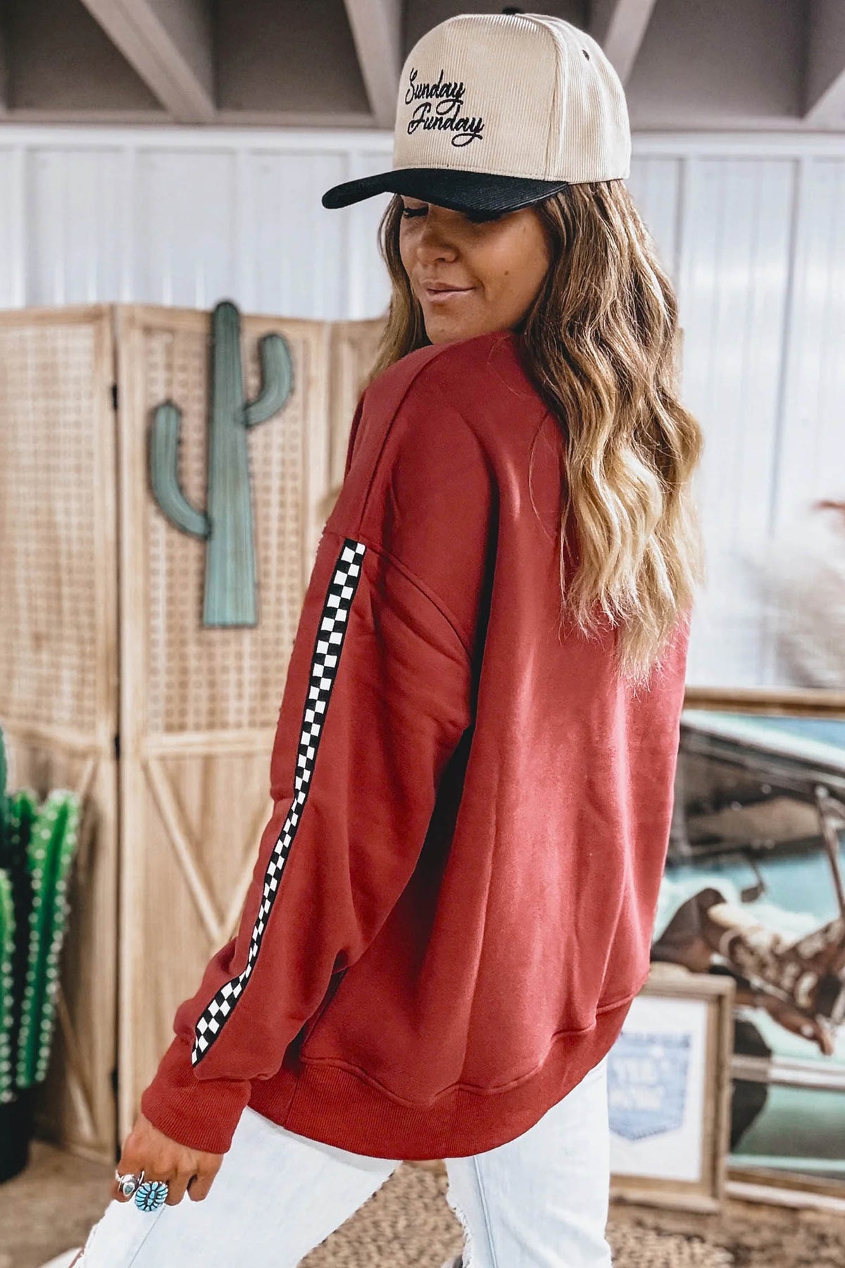 Mineral Red Checkered Trim Long Sleeve Round Neck Shift Sweatshirt PREORDER ETA 3 WEEKS