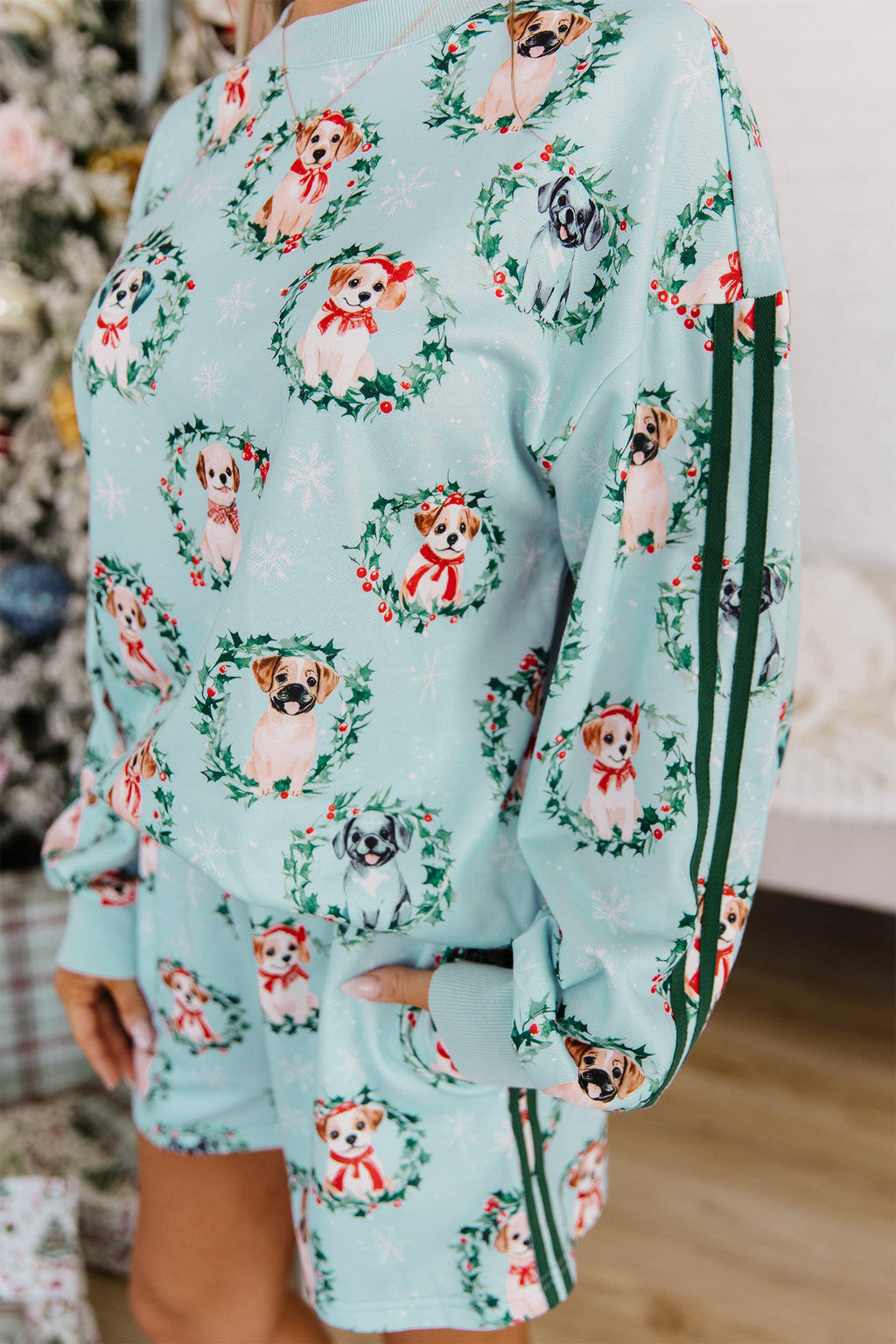 Sky Blue Holiday Puppies Wreath Print Pocket Sweatshirt and Shorts Set PREORDER ETA 3 WEEKS