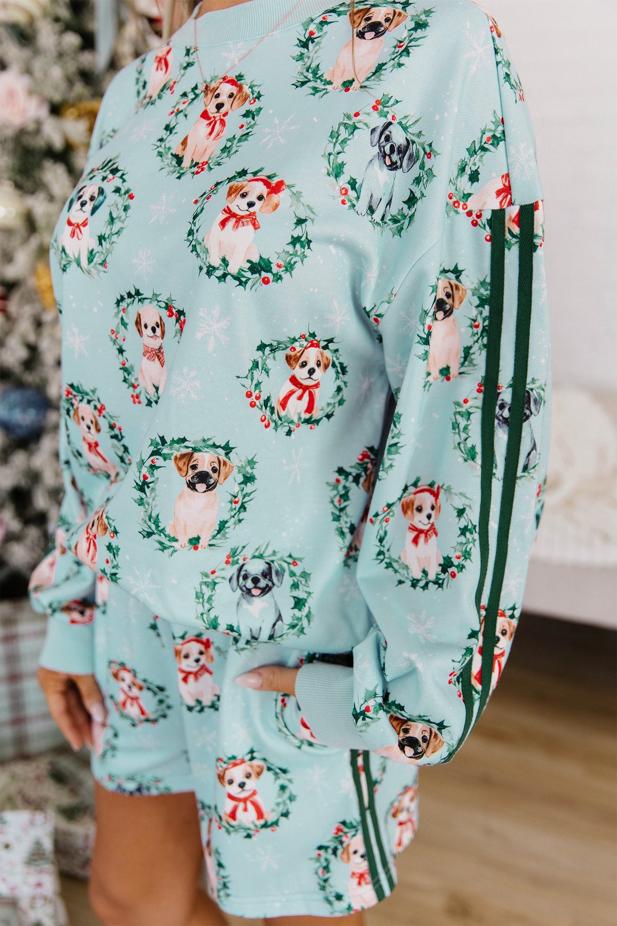 Sky Blue Holiday Puppies Wreath Print Pocket Sweatshirt and Shorts Set PREORDER ETA 3 WEEKS