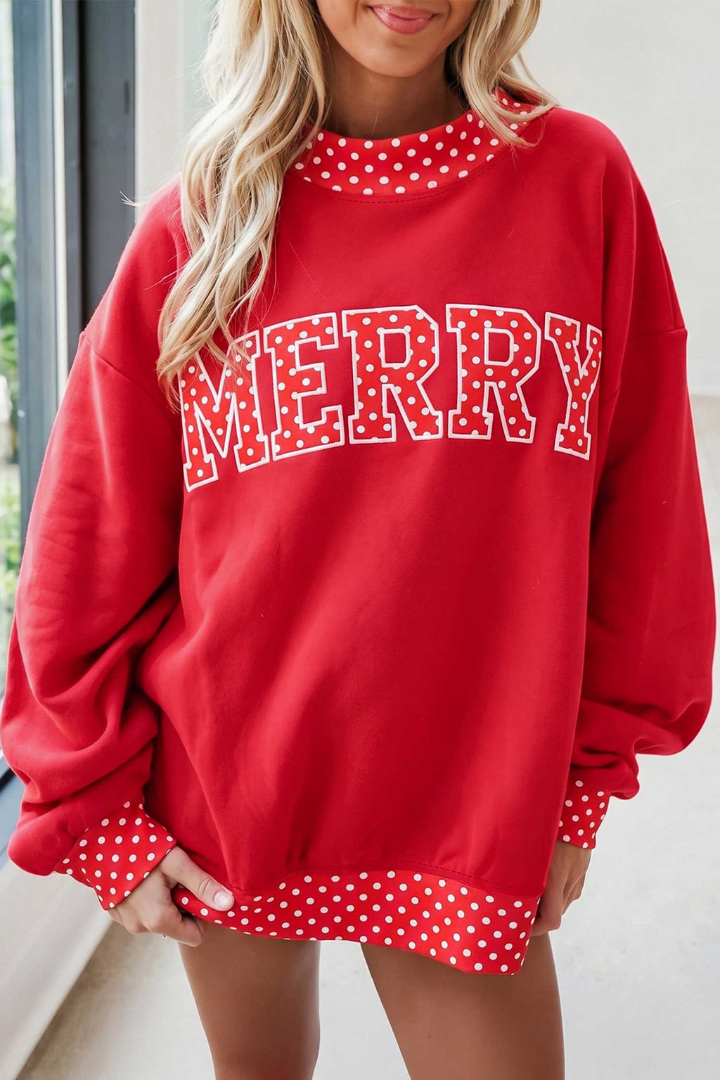 Tomato Red Polka Dot Letter Print Contrast Trim Mock Neck Sweatshirt PREORDER ETA 3 WEEKS