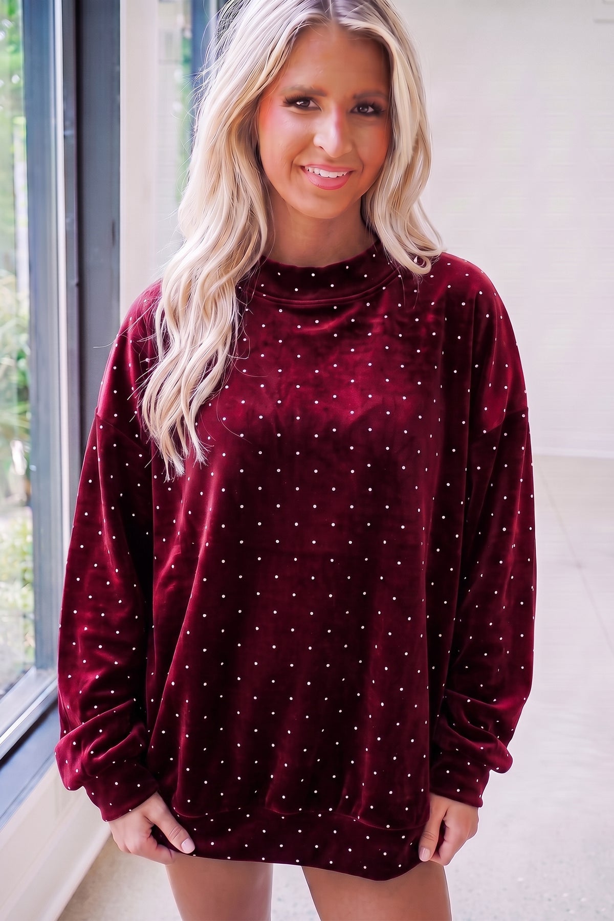 Red Velvet Polka Dot High Neck Tunic Pullover Sweatshirt PREORDER ETA 3 WEEKS
