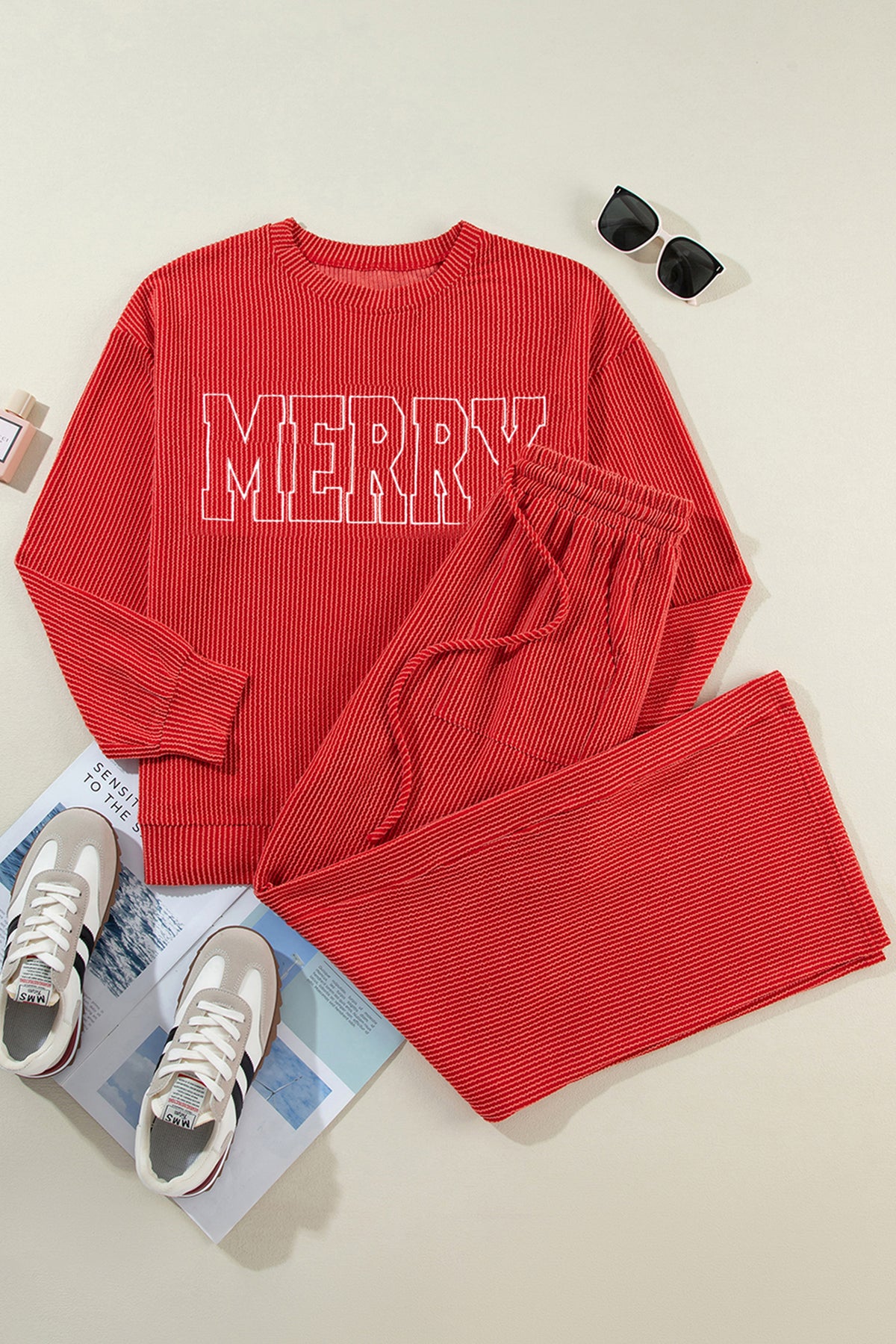 Racing Red MERRY Corded Long Sleeve Top and Pockets Pants Set PREORDER ETA 3 WEEKS