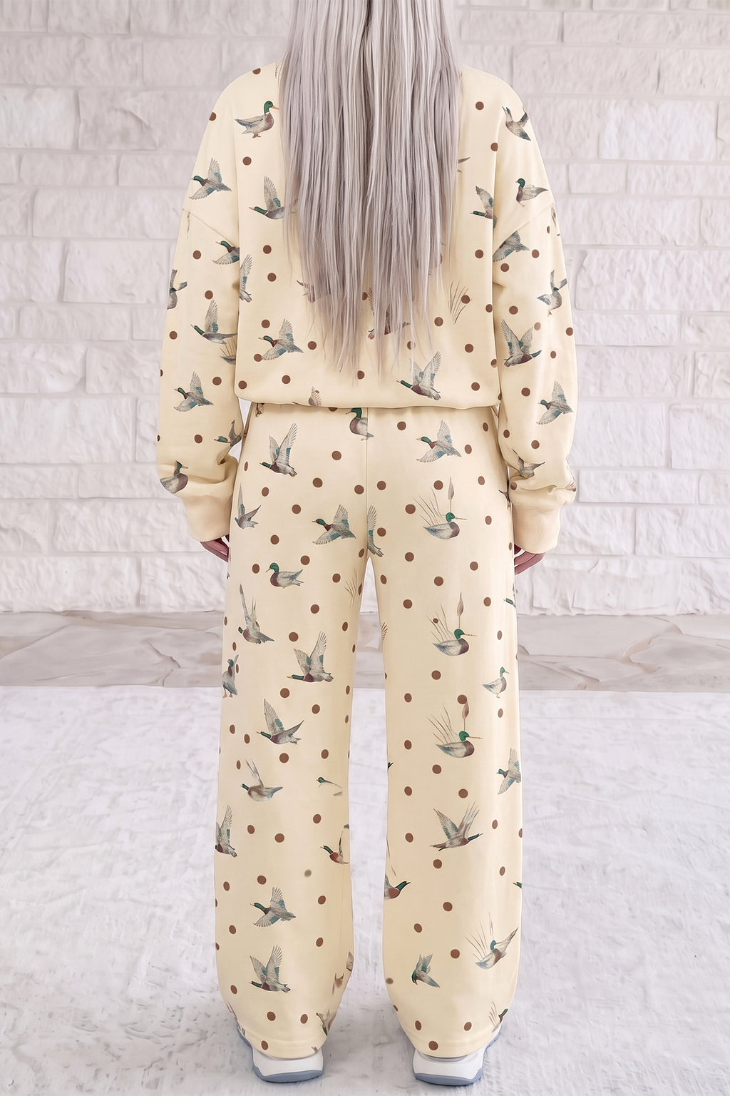 Beige Polka Dot Mallard Print Crewneck Pullover Two Piece Pants Set PREORDER ETA 3 WEEKS