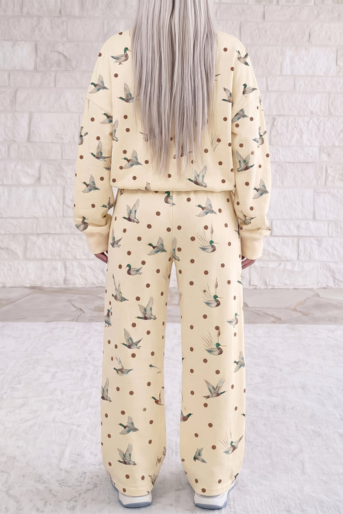 Beige Polka Dot Mallard Print Crewneck Pullover Two Piece Pants Set PREORDER ETA 3 WEEKS