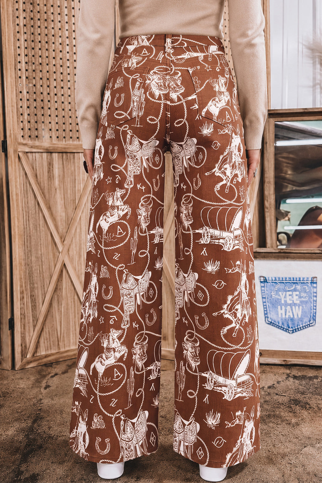 Brown Western Print Casual Shift Jeans PREORDER ETA 3 WEEKS