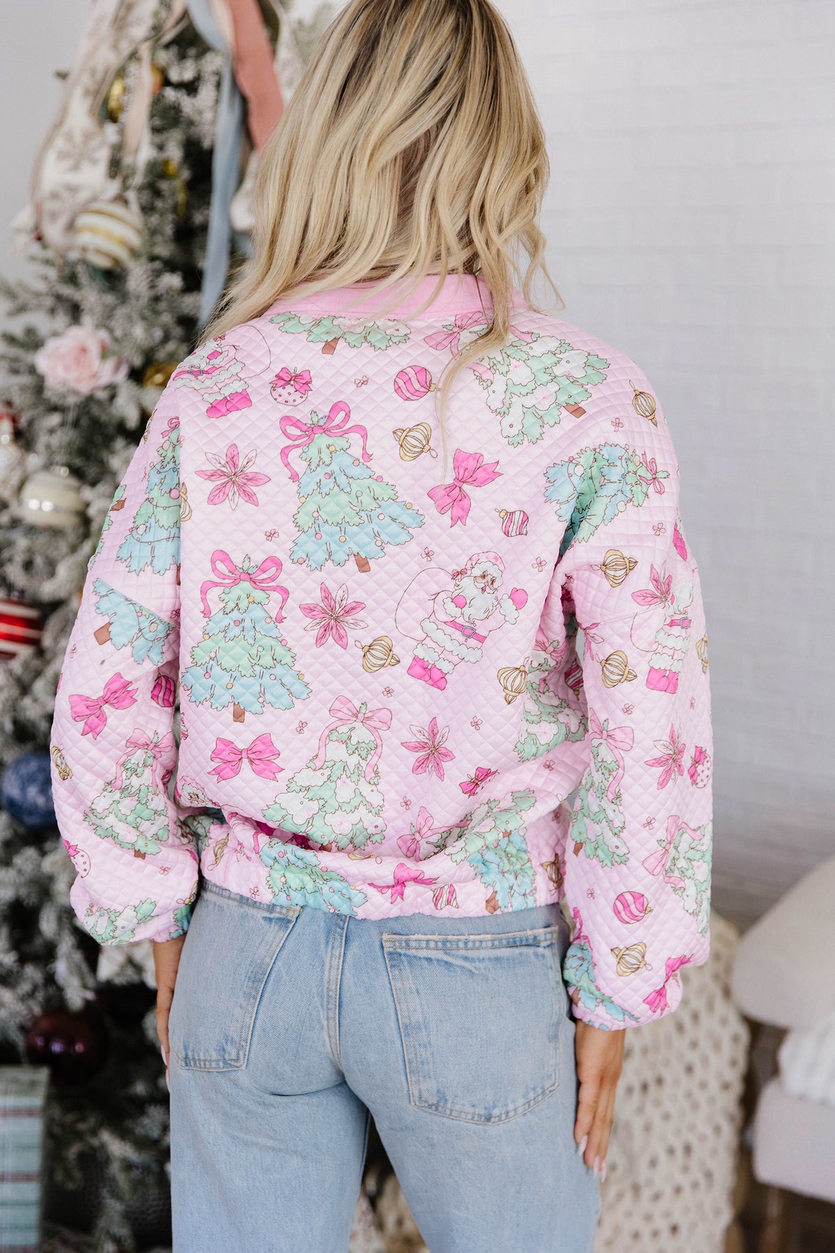 Pink Cute Christmas Print Collar Half Button Loose Sweatshirt PREORDER ETA 3 WEEKS