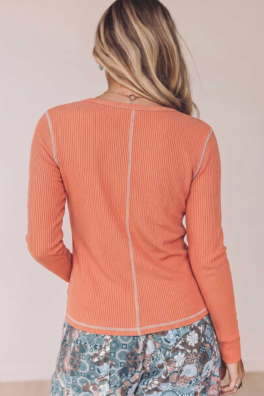 Flamingo V Neck Ribbed Stitched Detail Long Sleeve Top PREORDER ETA 3 WEEKS