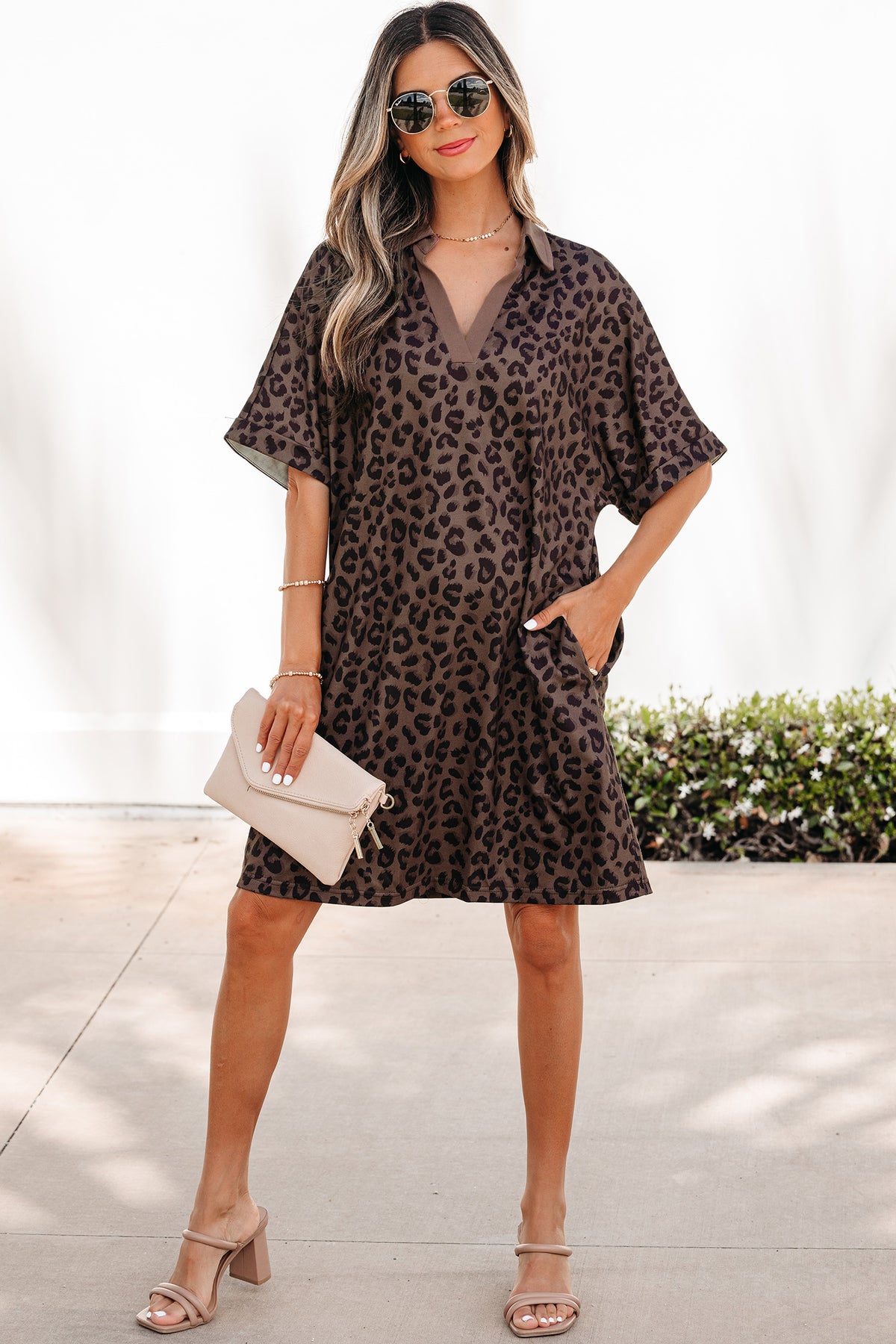 Brown Leopard Print Contrast Collar V-Neck Mini Dress PREORDER ETA 3 WEEKS
